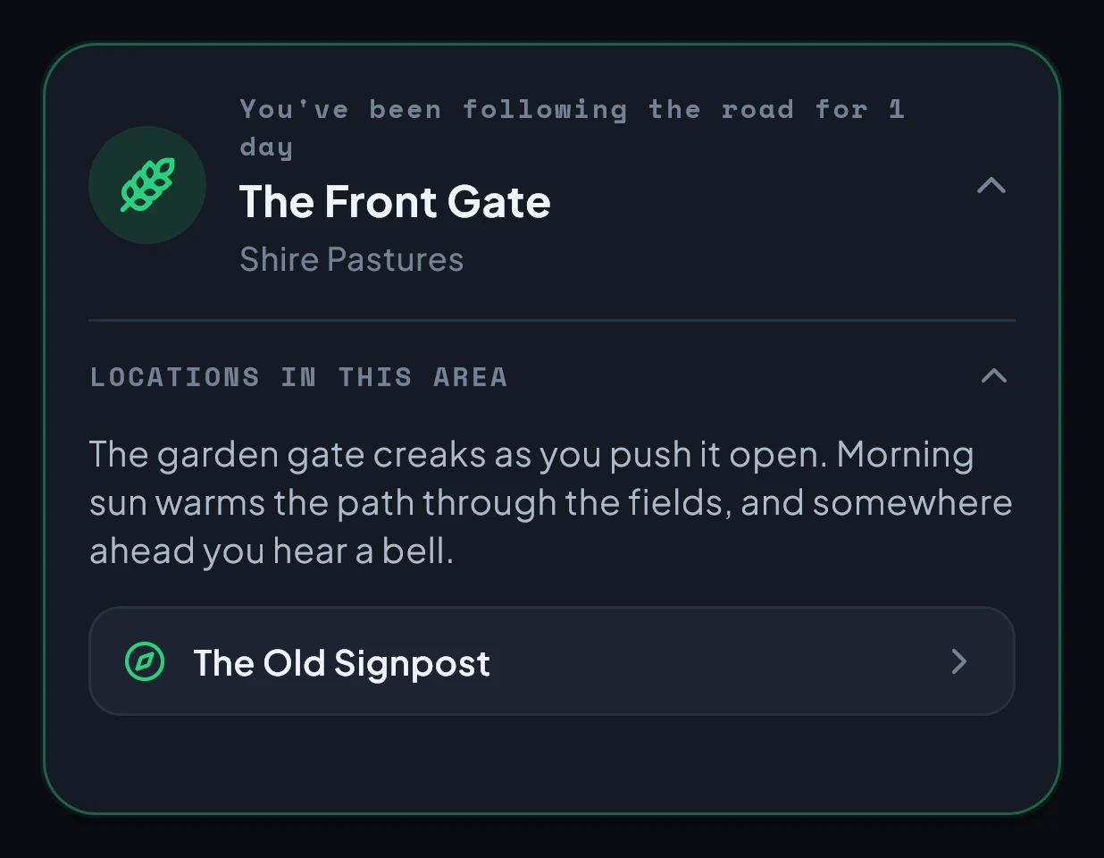The app’s expanded Journey card at The Front Gate in Shire Pastures, with the opening story and The Old Signpost available to explore.
