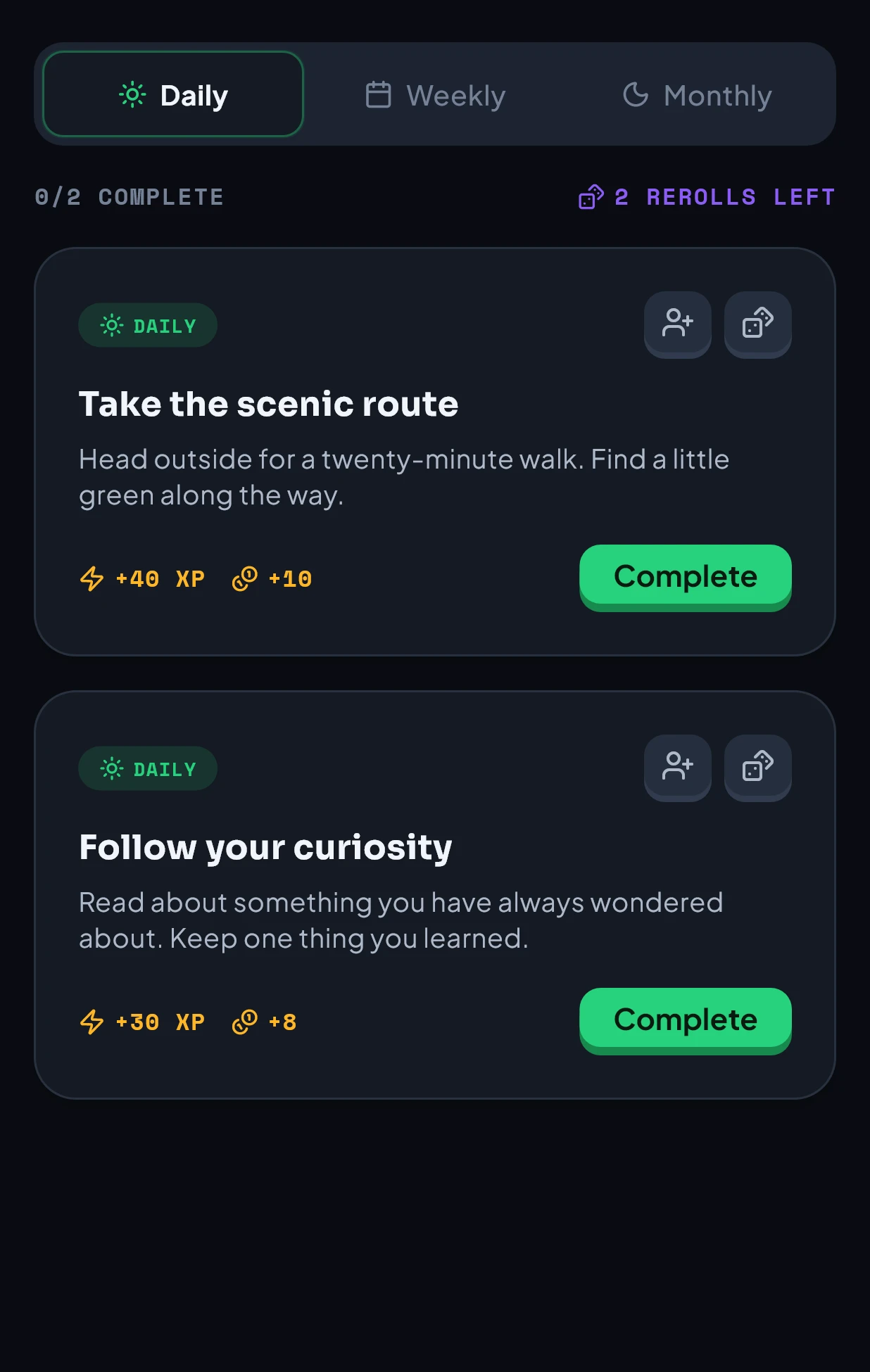 The app’s Daily quest board with Take the scenic route, worth 40 XP and 10 coins, and Follow your curiosity, worth 30 XP and 8 coins. Each has an Invite party option.