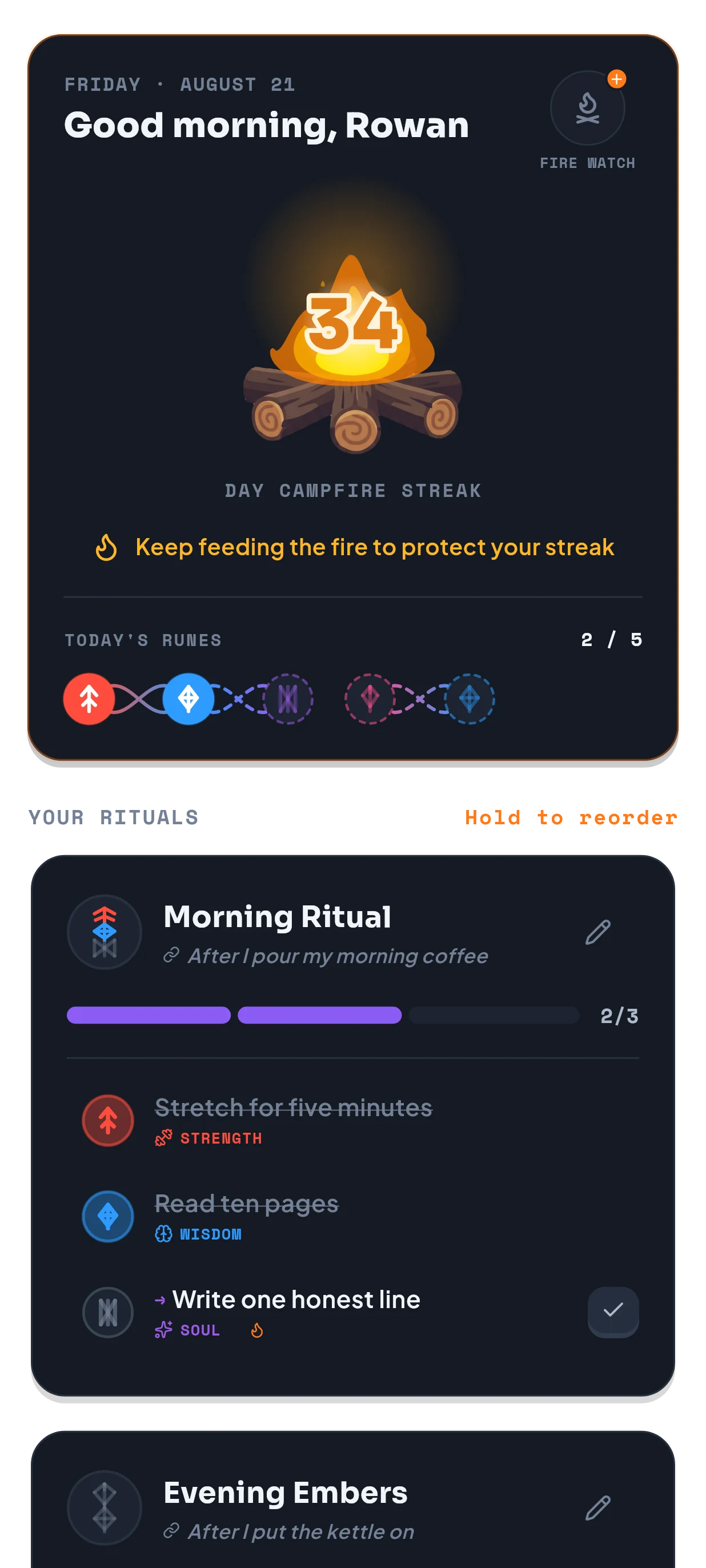 Torchkeep's Today screen: a campfire burning at a 34-day streak above the Morning Ritual, two of its three runes checked.